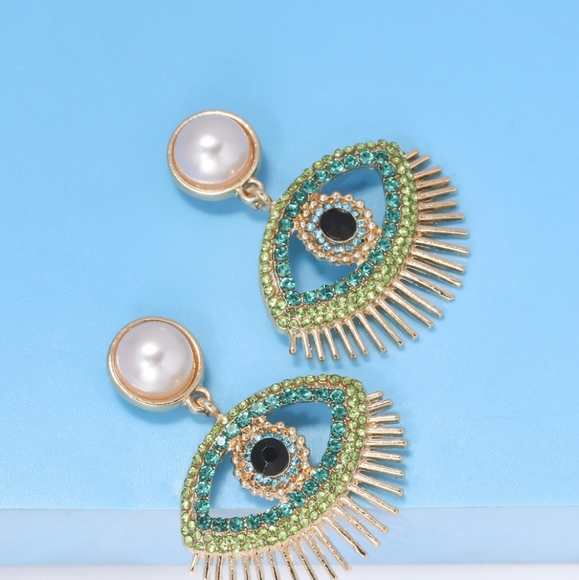 Green Evil Eye Shape Rhinestone Dangle Earrings - Picture 2 of 6